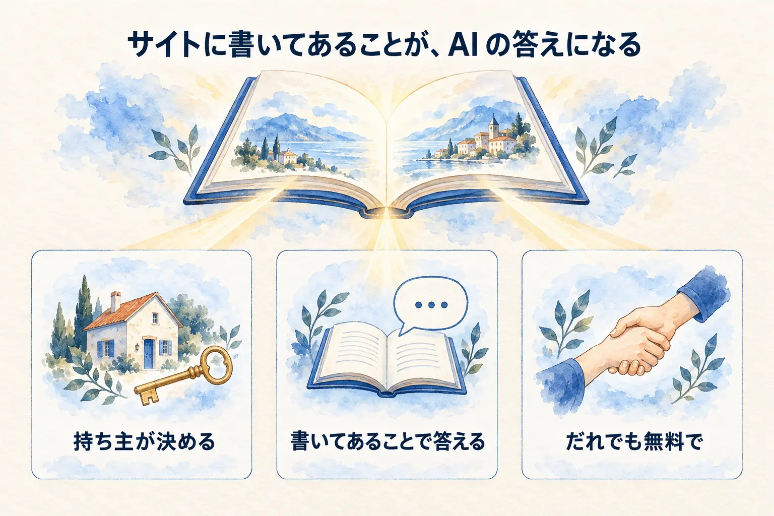 ヨミタスの理念。サイトに書いてあることが、AI の答えになる。持ち主が決める、書いてあることで答える、だれでも無料で、の 3 つの柱。