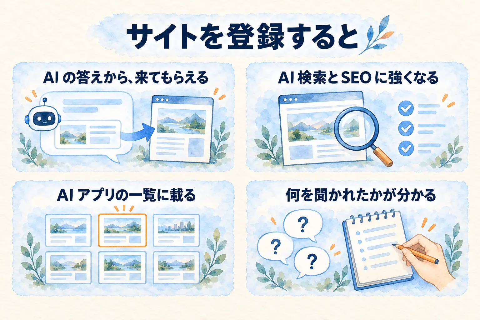 サイトを登録すると。AI の答えから来てもらえる、AI 検索と SEO に強くなる、AI アプリの一覧に載る、何を聞かれたかが分かる、の 4 つ。