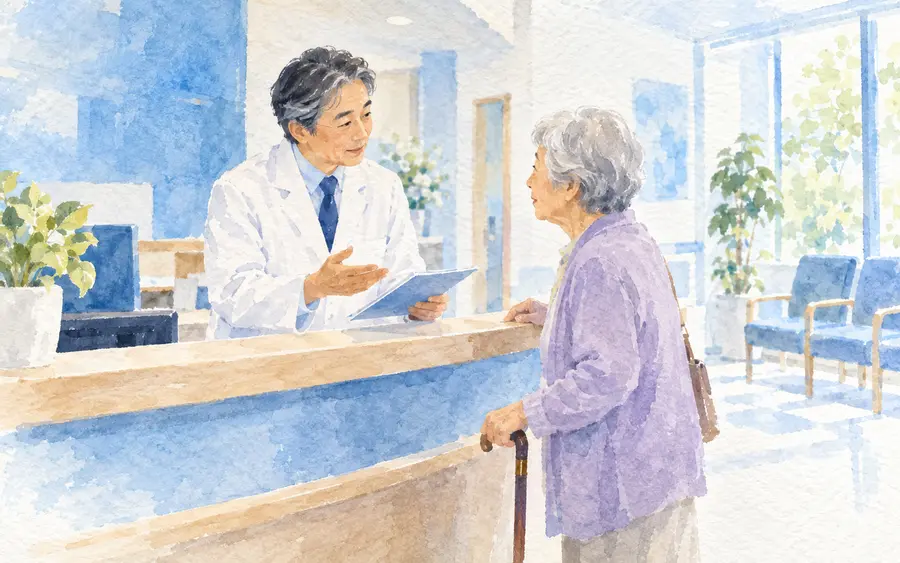 受付で説明するクリニックの医師の水彩イラスト