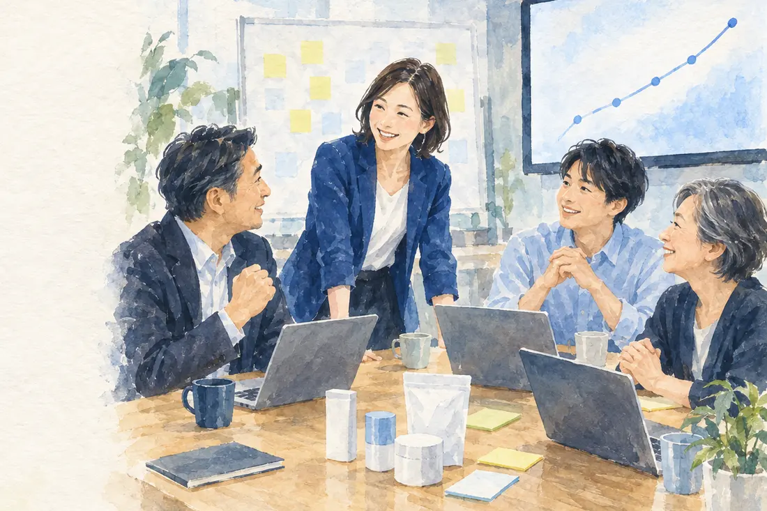 ノートパソコンを見ながら話す、サイトの持ち主とスタッフの水彩イラスト