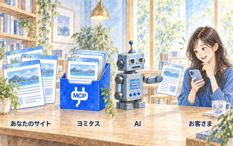 あなたのサイトのページを、ヨミタスがロゴ入りの青い箱にまとめ、AI（レトロな四角いロボット）がそこから資料を取り出してお客さまに差し出し、スマートフォンを見ていたお客さまが驚いて喜ぶ水彩イラスト