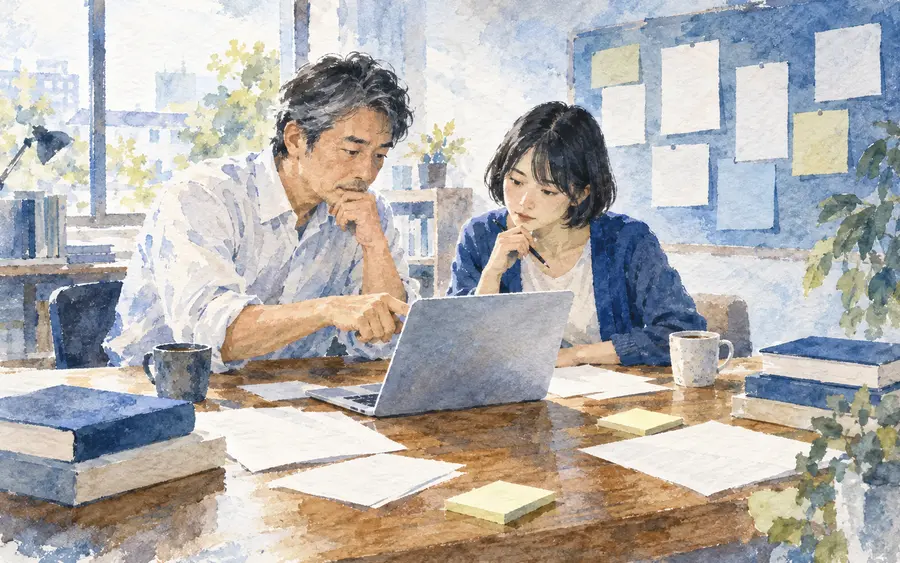 机で記事の構成を相談する編集者とライターの水彩イラスト