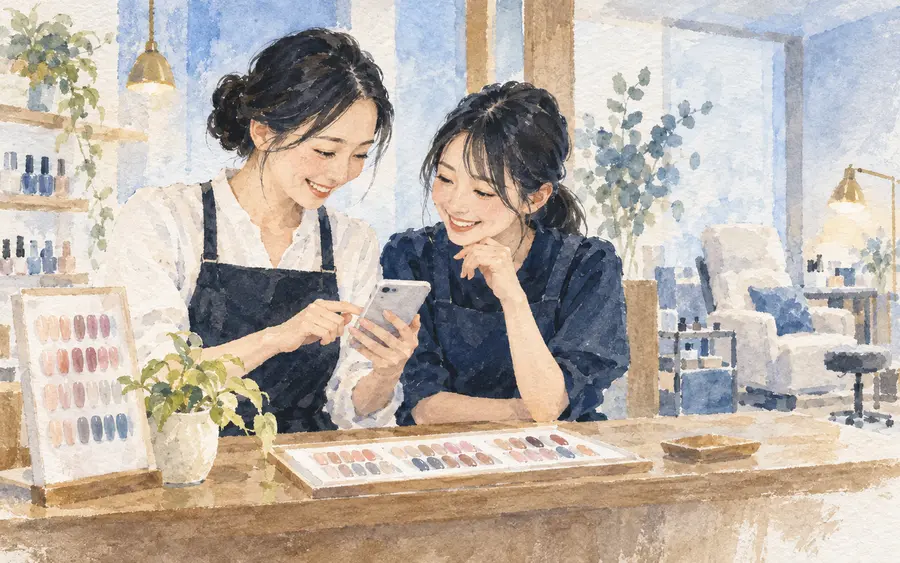 スマートフォンを見て喜ぶネイルサロンのオーナーとスタッフの水彩イラスト