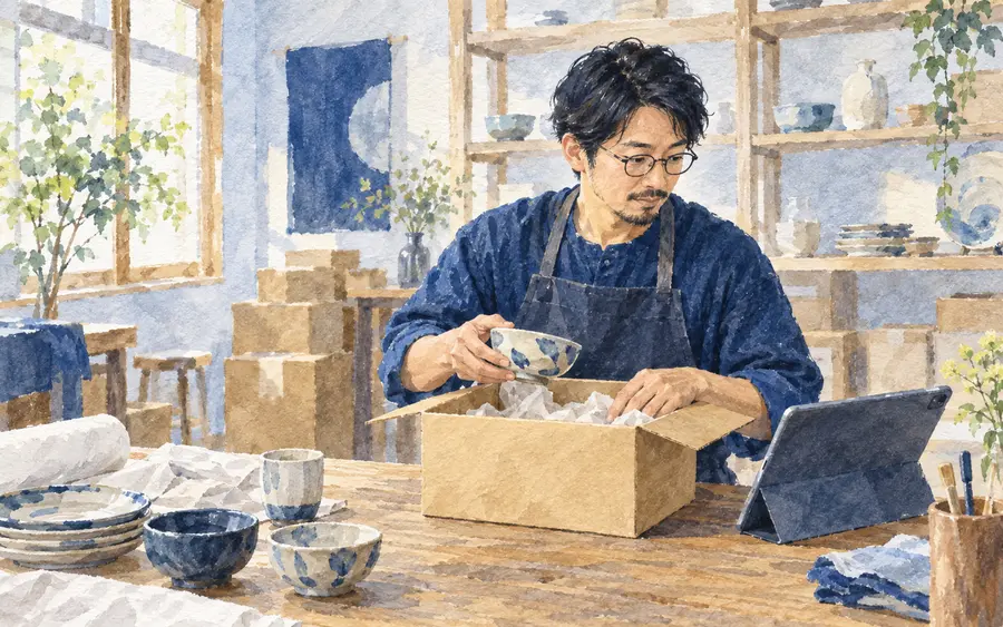 器を箱に詰める店主の水彩イラスト